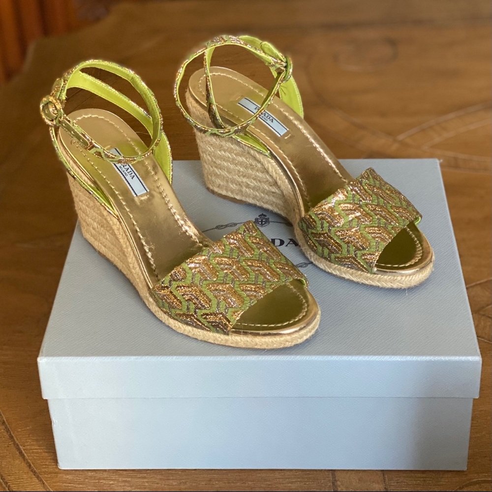 🇺🇸🇺🇦Prada Metallic Brocade Platform Espadrille Sandals